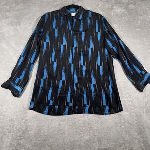 Carracci Shirt Mens Medium Black Blue 100% Pure Silk Abstract‎ Button Up Retro